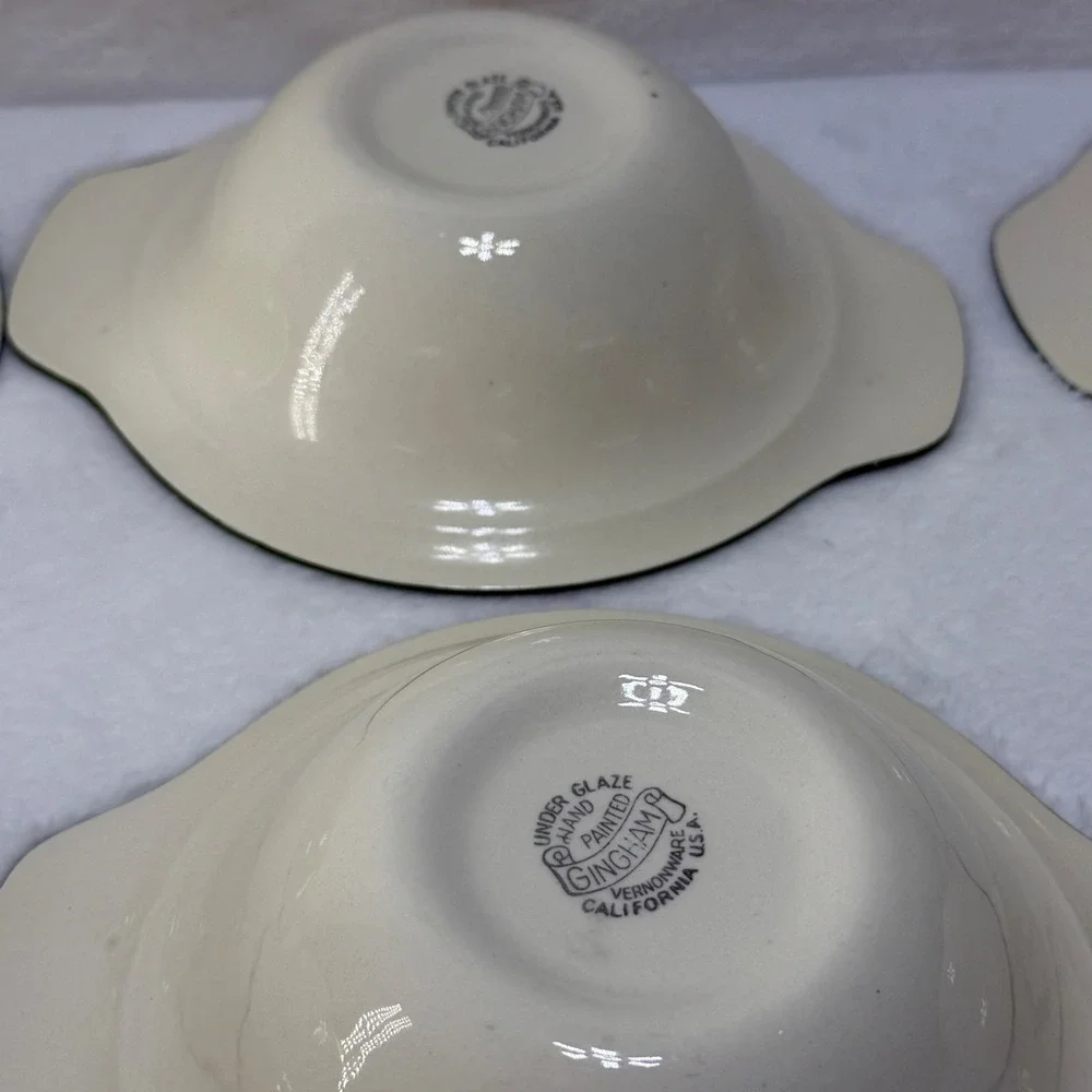 6 Green Vernonware Gingham Metlox Poppytrail Vernon Lugged Chowder Bowls‎ 7